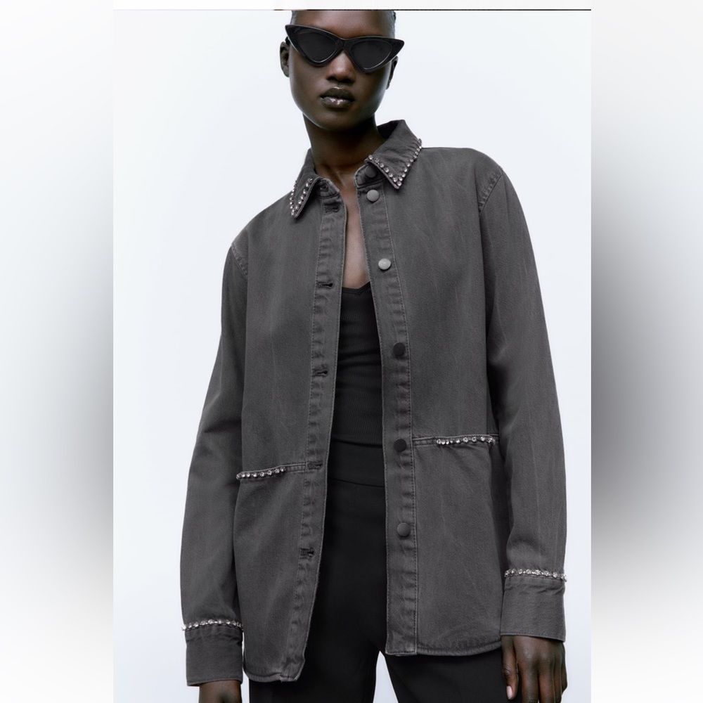 Women Zara Rhinestone Denim Overshirt Size XS